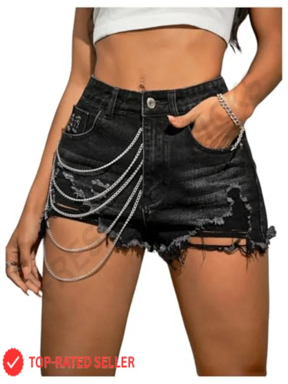Y2K Ripped Chain Raw Hem Grunge Punk Denim Shorts High Waisted Streetwear Mini